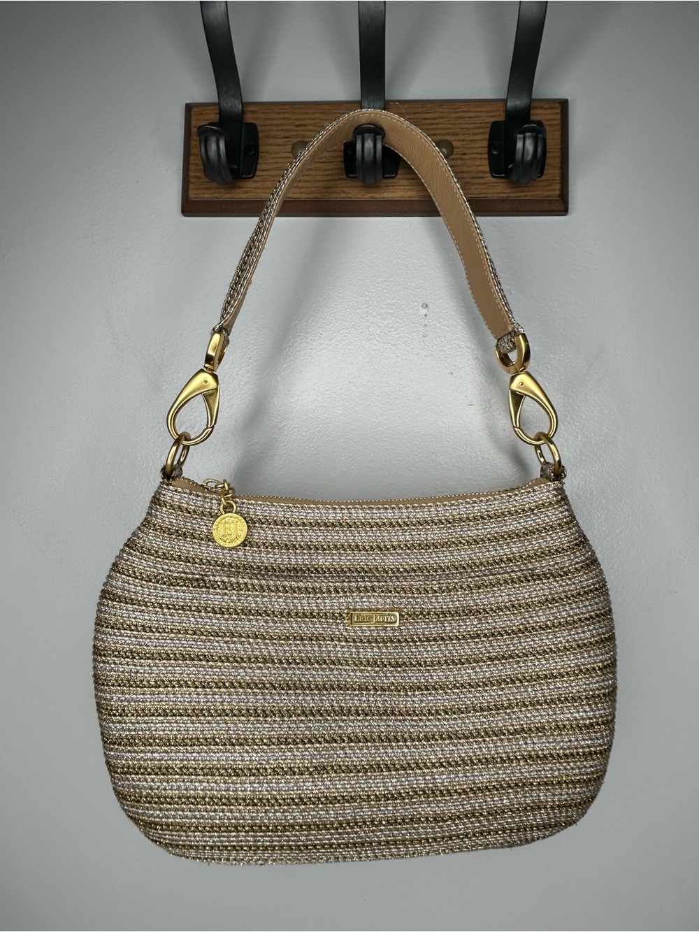 Eric Javits Squishee Metallic Gold Silver‎ Striped Woven Raffia Bag